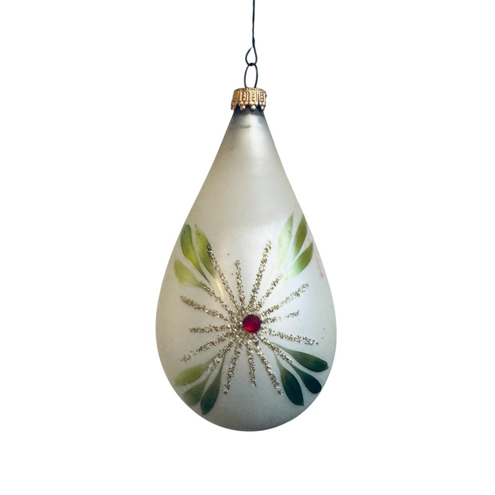 Vintage Frosted Glass Teardrop Christmas Ornament Atomic Starburst Hand Painted